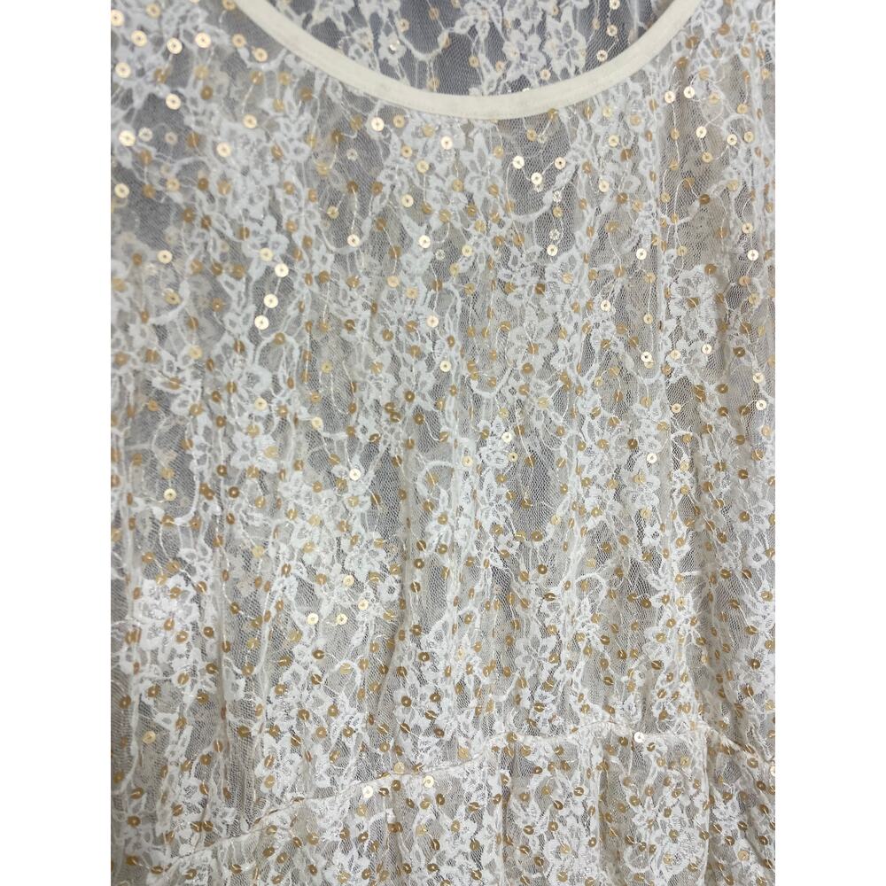 Y2K Cream Sheer Floral Lace & Gold Sequin Shirt Size Large Fairycore Coquette - Picture 3 of 5